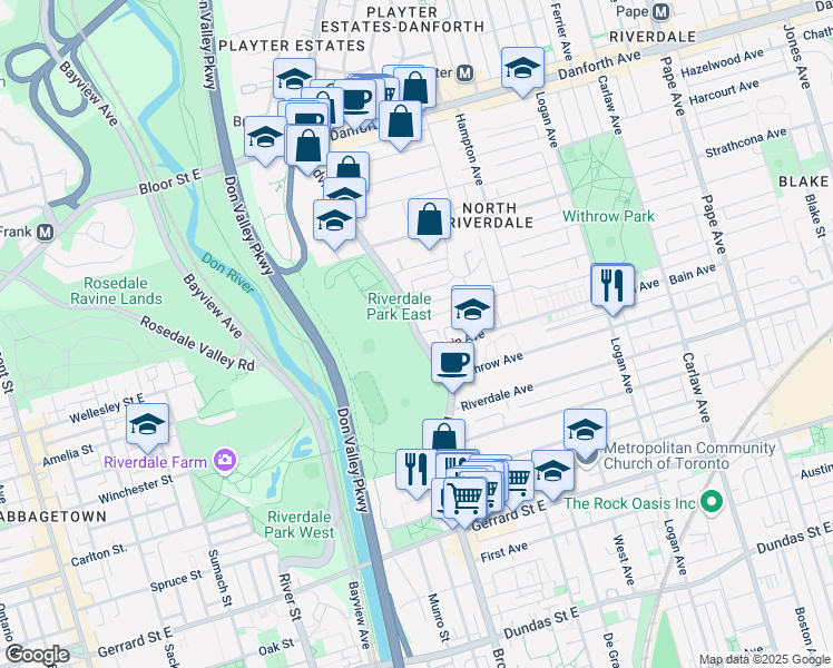 map of restaurants, bars, coffee shops, grocery stores, and more near 550 Broadview Avenue in Toronto