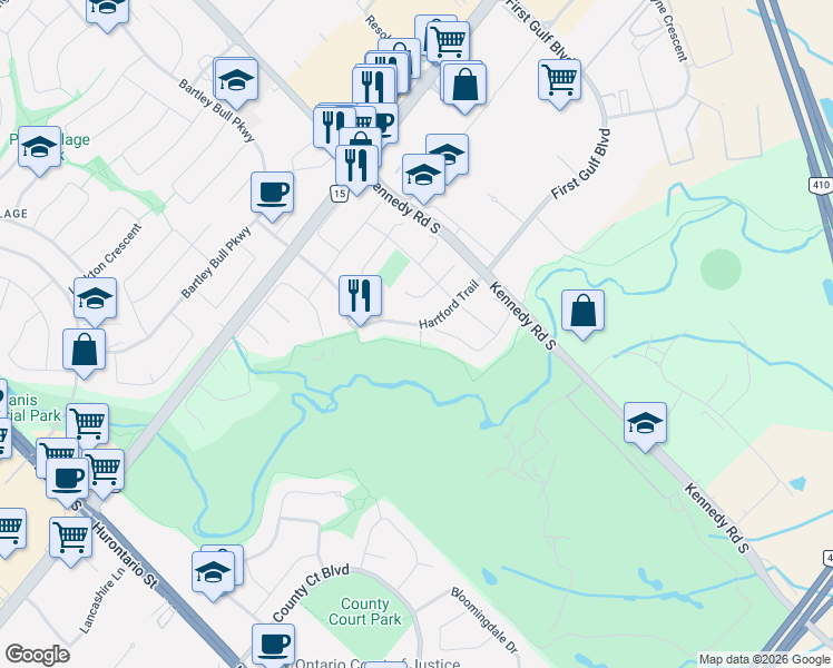 map of restaurants, bars, coffee shops, grocery stores, and more near 53 Hartford Trail in Brampton