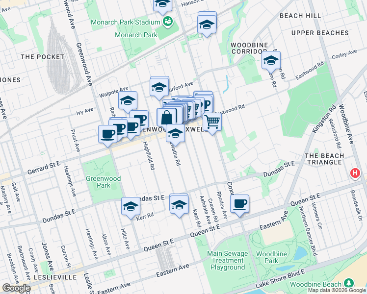 map of restaurants, bars, coffee shops, grocery stores, and more near 220 Ashdale Avenue in Toronto