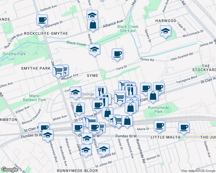 map of restaurants, bars, coffee shops, grocery stores, and more near 61 Castleton Avenue in Toronto