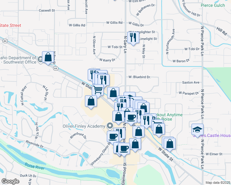 map of restaurants, bars, coffee shops, grocery stores, and more near 7366 West Garden Glen Drive in Boise