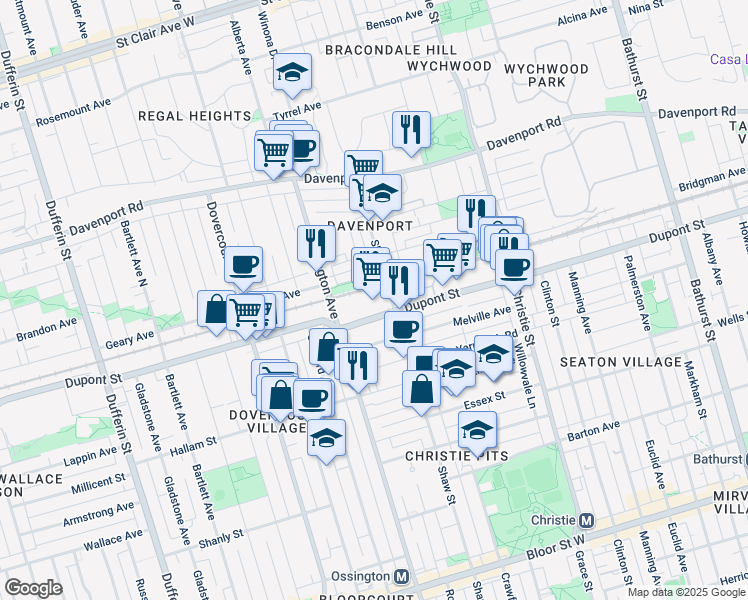 map of restaurants, bars, coffee shops, grocery stores, and more near 840 Dupont Street in Toronto