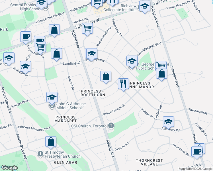 map of restaurants, bars, coffee shops, grocery stores, and more near 63 Orkney Crescent in Toronto