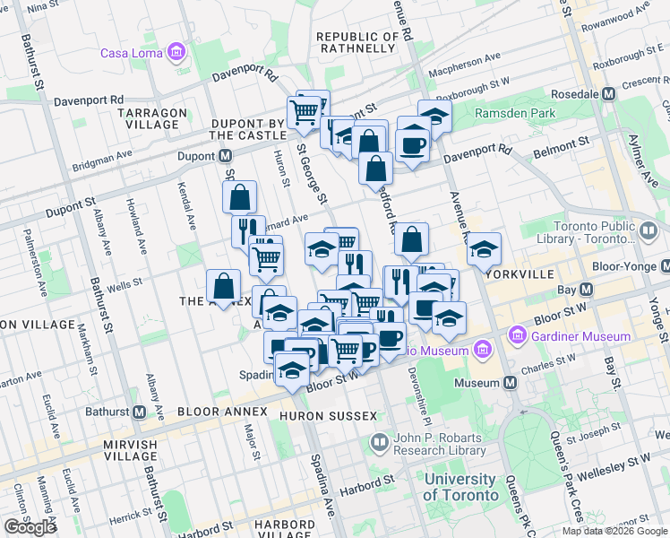 map of restaurants, bars, coffee shops, grocery stores, and more near 212 Saint George Street in Toronto