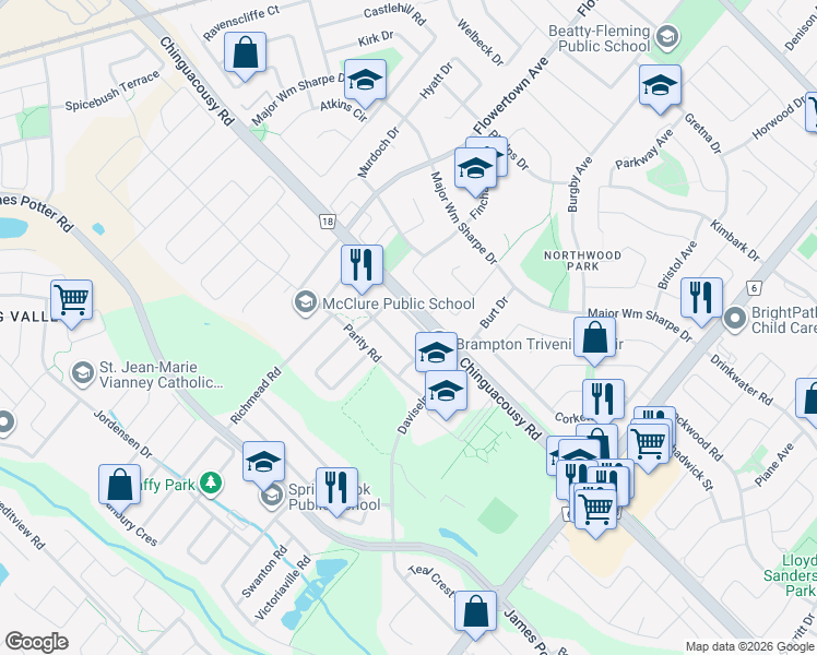 map of restaurants, bars, coffee shops, grocery stores, and more near 27 Buchanan Crescent in Brampton