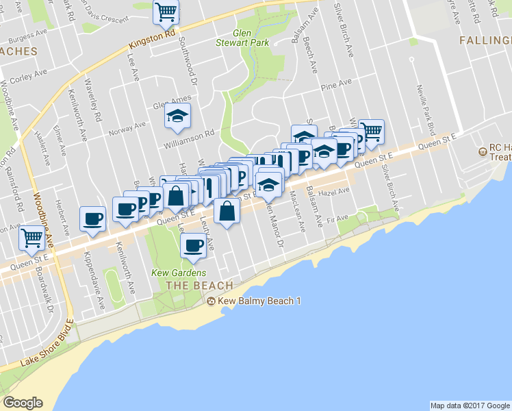 map of restaurants, bars, coffee shops, grocery stores, and more near 103 Scarboro Beach Boulevard in Toronto