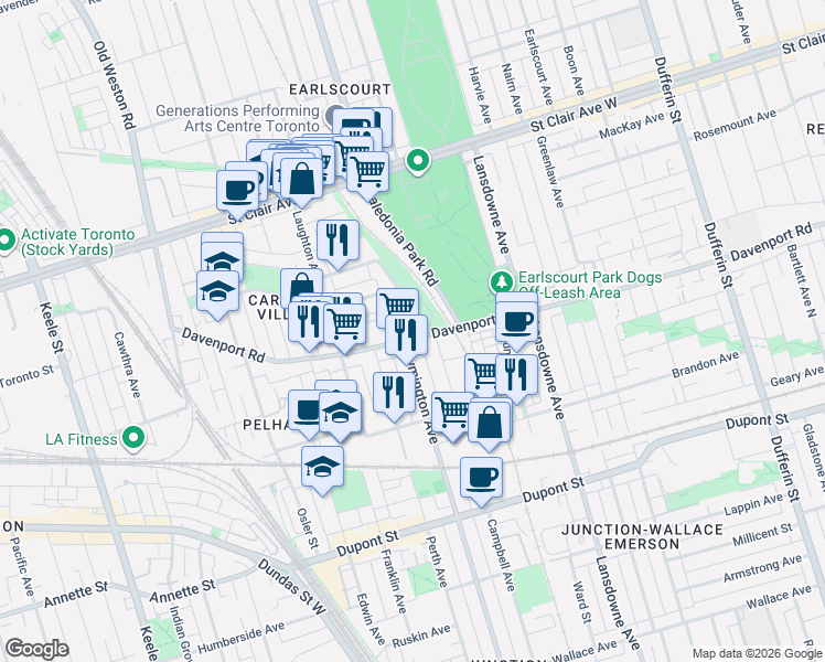 map of restaurants, bars, coffee shops, grocery stores, and more near 1842 Davenport Road in Toronto