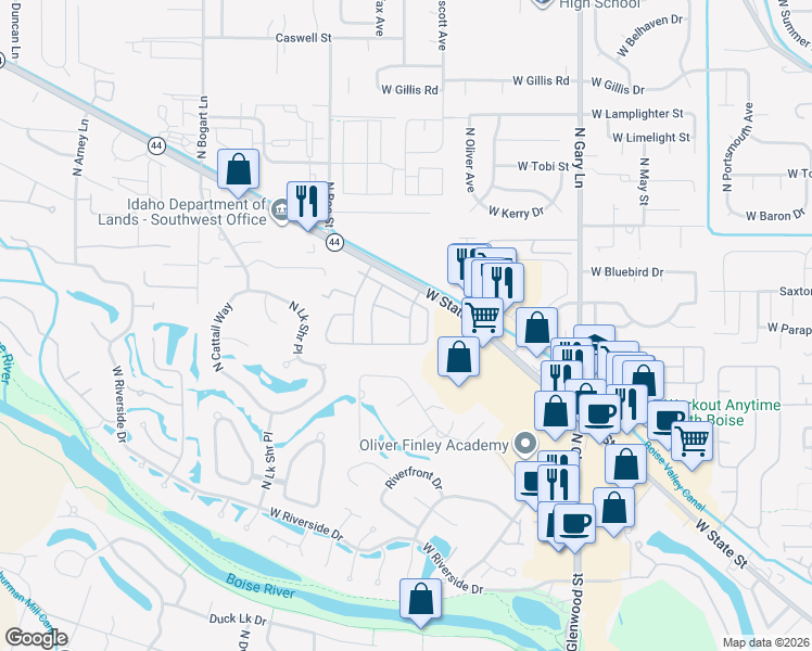 map of restaurants, bars, coffee shops, grocery stores, and more near 5587 Bullrun Lane in Boise