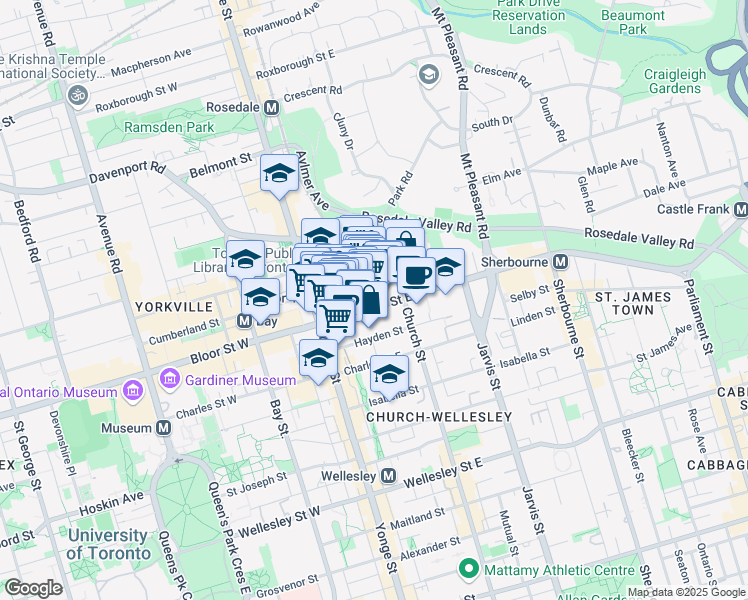 map of restaurants, bars, coffee shops, grocery stores, and more near 98 Bloor Street East in Toronto