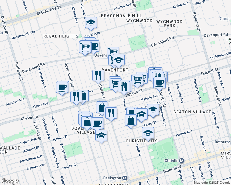 map of restaurants, bars, coffee shops, grocery stores, and more near 840 Dupont Street in Toronto