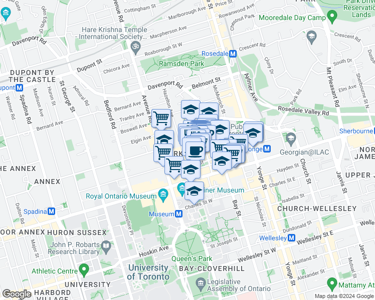 map of restaurants, bars, coffee shops, grocery stores, and more near 106 Yorkville Avenue in Toronto