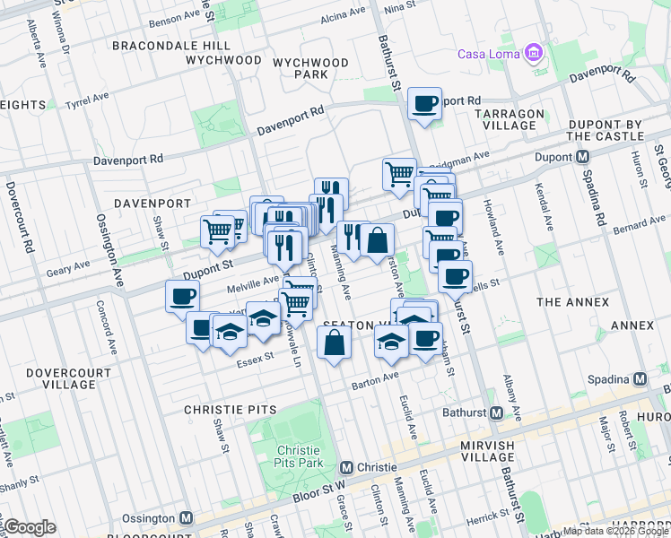map of restaurants, bars, coffee shops, grocery stores, and more near 900 Manning Avenue in Toronto