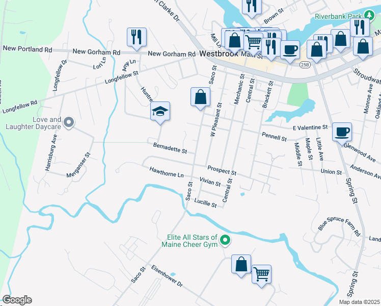 map of restaurants, bars, coffee shops, grocery stores, and more near 18 Bernadette Street in Westbrook