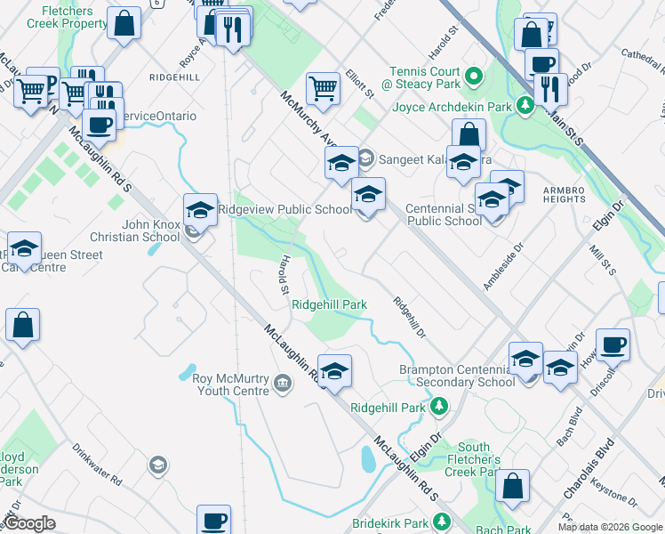 map of restaurants, bars, coffee shops, grocery stores, and more near 55 Ridgehill Drive in Brampton