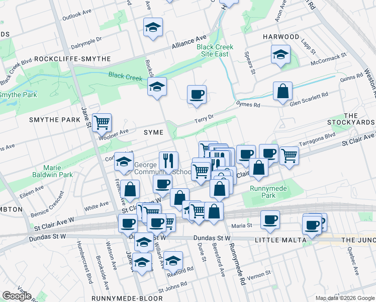 map of restaurants, bars, coffee shops, grocery stores, and more near Royal Street in Toronto