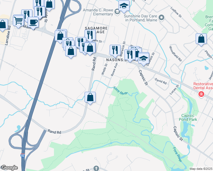 map of restaurants, bars, coffee shops, grocery stores, and more near 89 Rowe Avenue in Portland