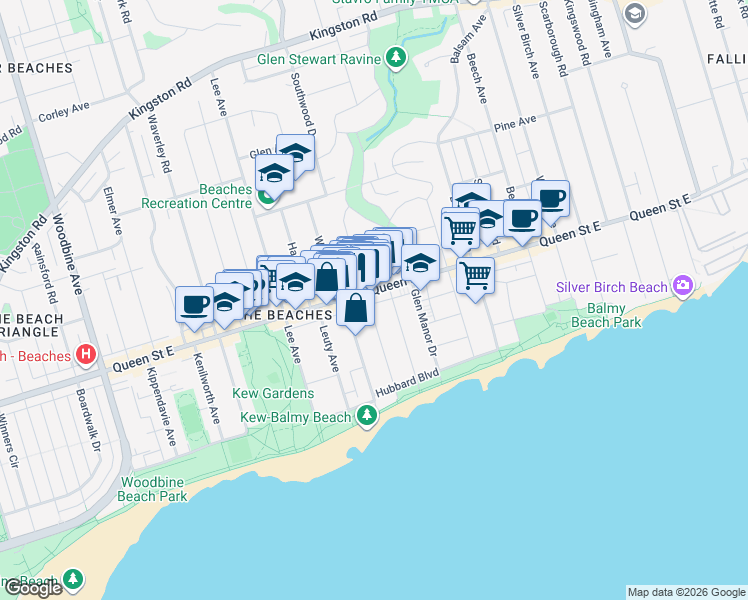 map of restaurants, bars, coffee shops, grocery stores, and more near 101 Hammersmith Avenue in Toronto