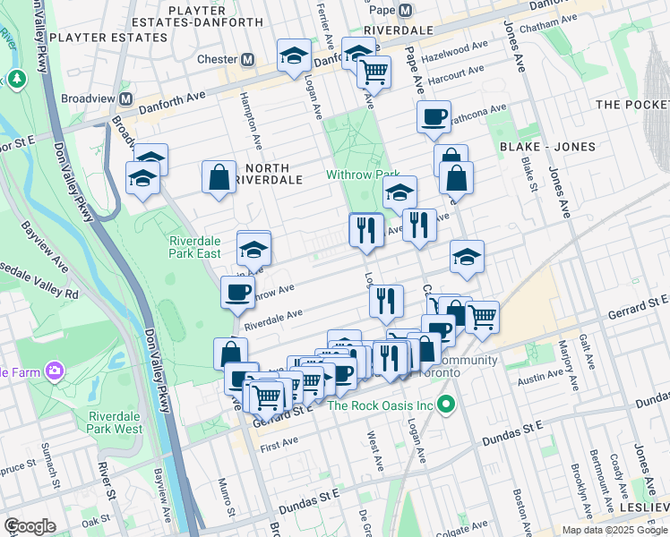 map of restaurants, bars, coffee shops, grocery stores, and more near 106 Withrow Avenue in Toronto
