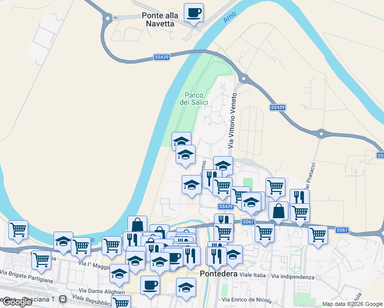 map of restaurants, bars, coffee shops, grocery stores, and more near 58 Via Bologna in Pontedera