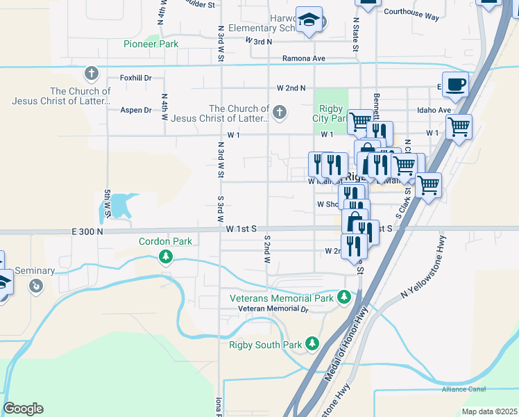 map of restaurants, bars, coffee shops, grocery stores, and more near 170 South 2nd West in Rigby