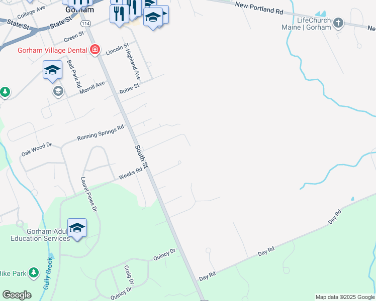 map of restaurants, bars, coffee shops, grocery stores, and more near 24 Strawberry Ln in Gorham