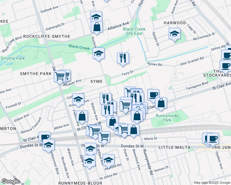map of restaurants, bars, coffee shops, grocery stores, and more near 22 Royal Street in Toronto