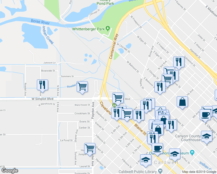 map of restaurants, bars, coffee shops, grocery stores, and more near 221 Kimsey Street in Caldwell