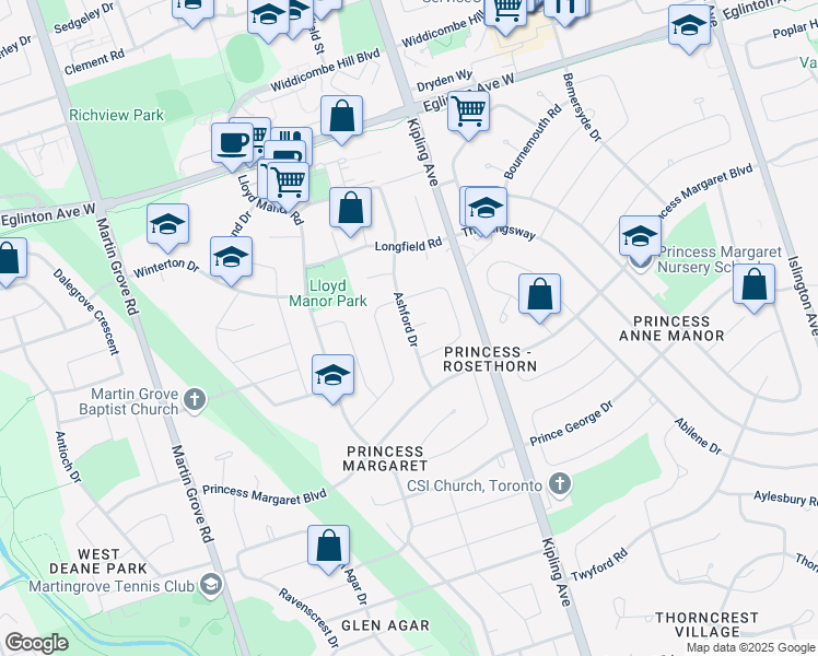 map of restaurants, bars, coffee shops, grocery stores, and more near Ashford Drive in Toronto