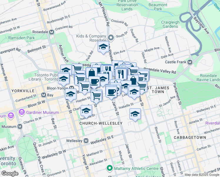 map of restaurants, bars, coffee shops, grocery stores, and more near Ted Rogers Way in Toronto