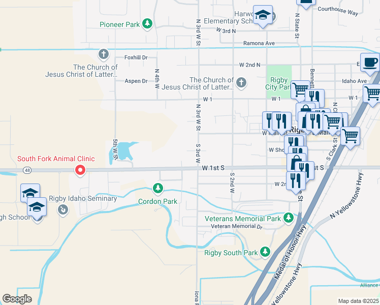 map of restaurants, bars, coffee shops, grocery stores, and more near 150 South 3rd West in Rigby