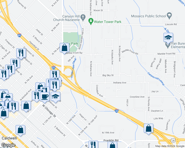 map of restaurants, bars, coffee shops, grocery stores, and more near 202 North Indiana Avenue in Caldwell