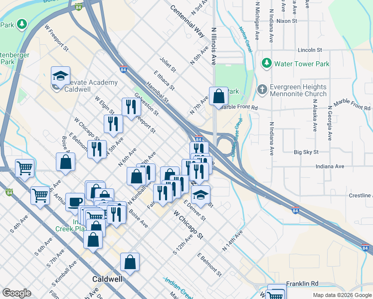 map of restaurants, bars, coffee shops, grocery stores, and more near 714 North Kimball Avenue in Caldwell
