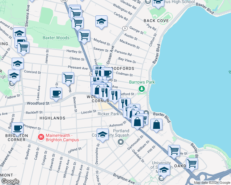 map of restaurants, bars, coffee shops, grocery stores, and more near 101 Woodford Street in Portland