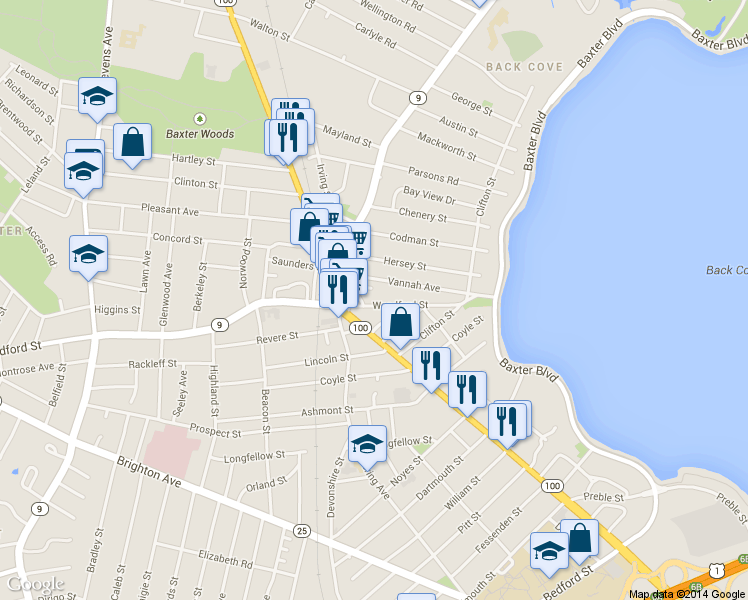map of restaurants, bars, coffee shops, grocery stores, and more near 101 Woodford Street in Portland