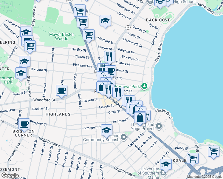 map of restaurants, bars, coffee shops, grocery stores, and more near 101 Woodford Street in Portland