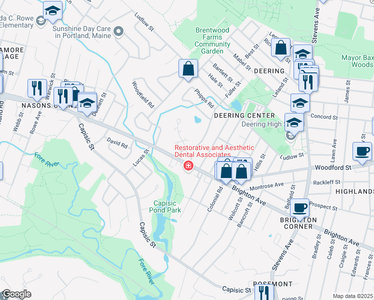 map of restaurants, bars, coffee shops, grocery stores, and more near 7 Glenridge Drive in Portland