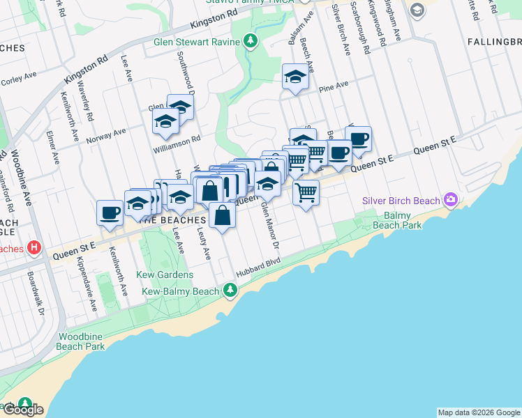 map of restaurants, bars, coffee shops, grocery stores, and more near 103 Scarboro Beach Boulevard in Toronto