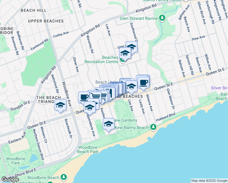 map of restaurants, bars, coffee shops, grocery stores, and more near 14 Bellefair Avenue in Toronto