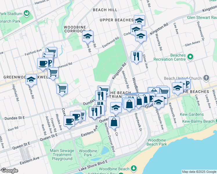 map of restaurants, bars, coffee shops, grocery stores, and more near 156 Kingston Road in Toronto