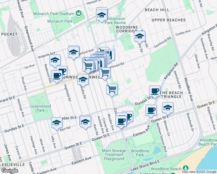 map of restaurants, bars, coffee shops, grocery stores, and more near 176 Coxwell Avenue in Toronto