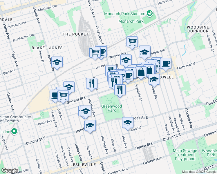 map of restaurants, bars, coffee shops, grocery stores, and more near in Toronto
