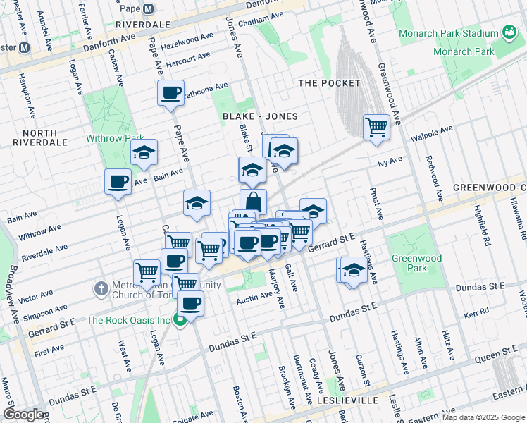 map of restaurants, bars, coffee shops, grocery stores, and more near 1000 Gerrard Street East in Toronto