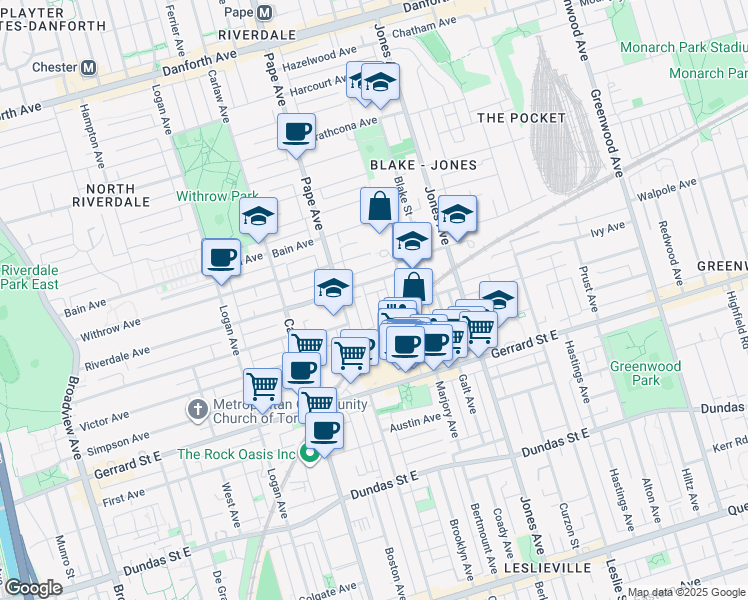 map of restaurants, bars, coffee shops, grocery stores, and more near in Toronto
