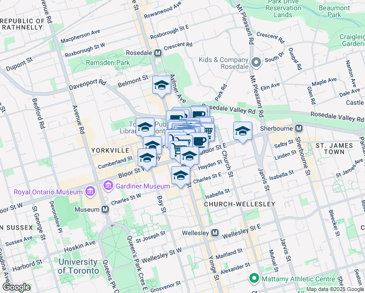 map of restaurants, bars, coffee shops, grocery stores, and more near 55 Bloor Street East in Toronto