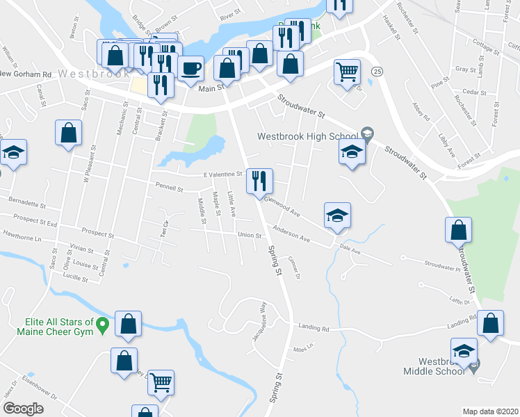 map of restaurants, bars, coffee shops, grocery stores, and more near 166 Spring St in Westbrook