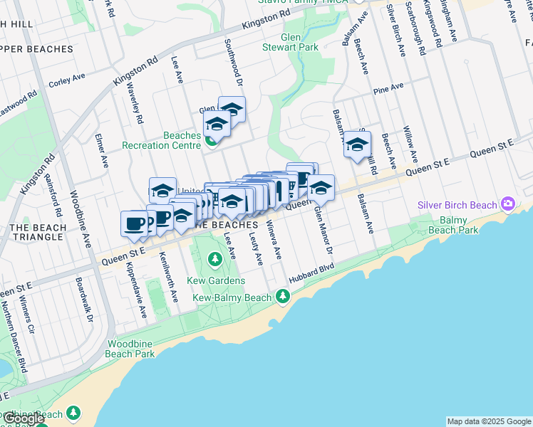 map of restaurants, bars, coffee shops, grocery stores, and more near Queen St E & Wineva Ave in Toronto