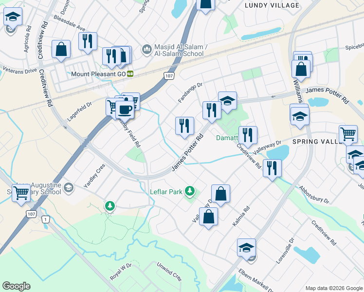 map of restaurants, bars, coffee shops, grocery stores, and more near 29 Portstewart Crescent in Brampton