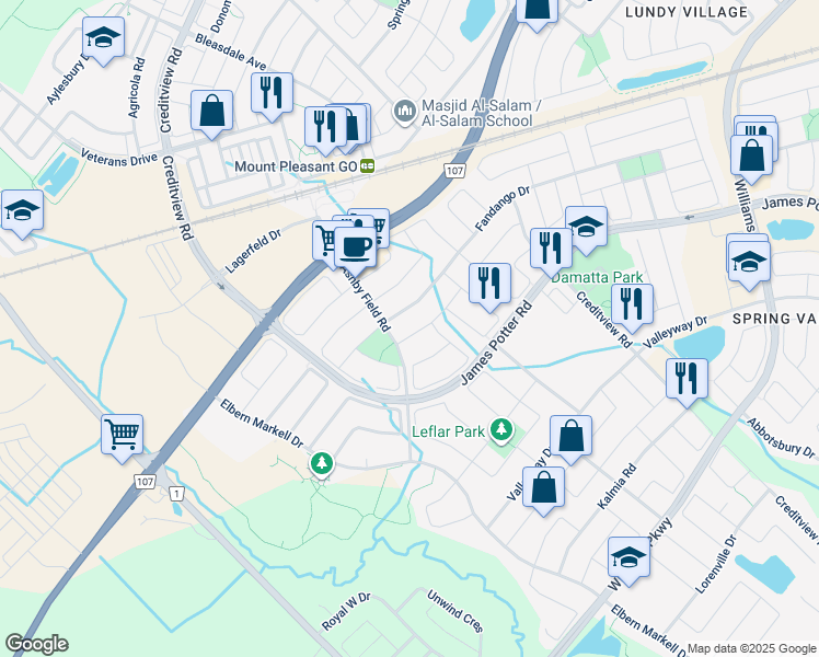 map of restaurants, bars, coffee shops, grocery stores, and more near 10 Fallgate Drive in Brampton