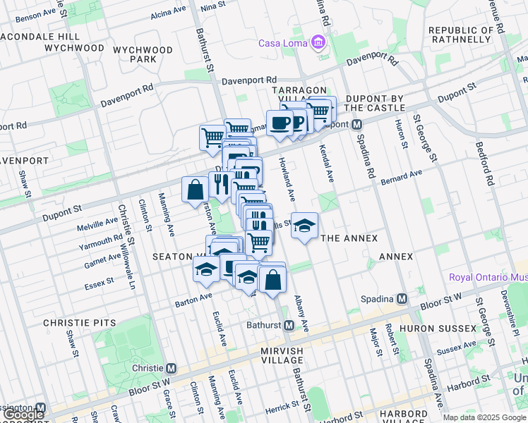 map of restaurants, bars, coffee shops, grocery stores, and more near 162 Albany Avenue in Toronto