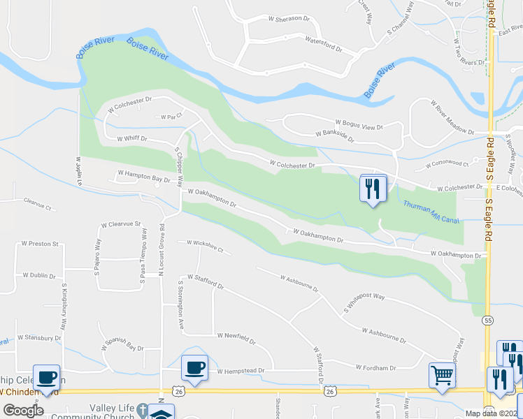 map of restaurants, bars, coffee shops, grocery stores, and more near 1246 West Oakhampton Drive in Eagle